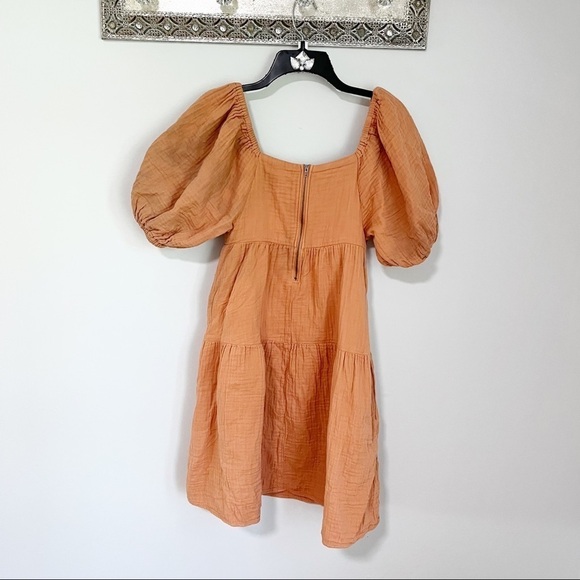 Louna Rust Tiered Puff Sleeve Smocked Mini Dress Size Small - Picture 3 of 12